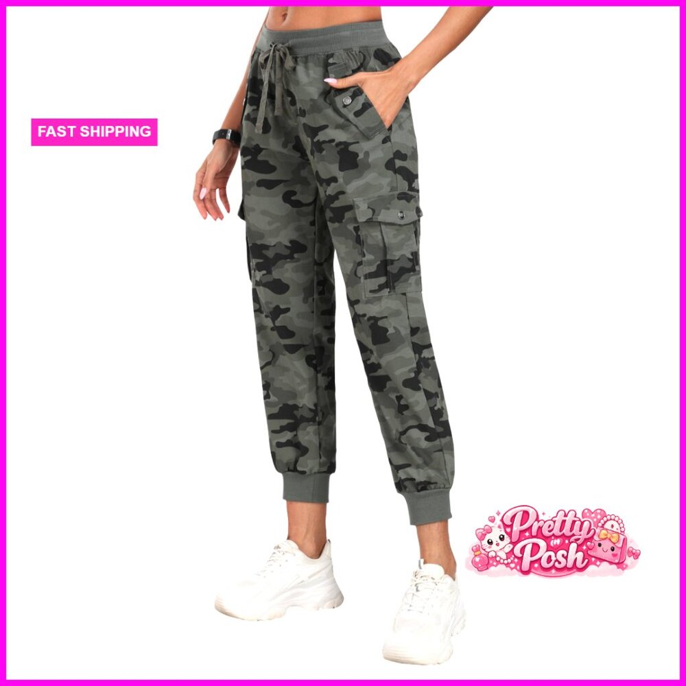Lightweight Cargo Pants with Elastic Waist & Drawstring, Tapered Legs
